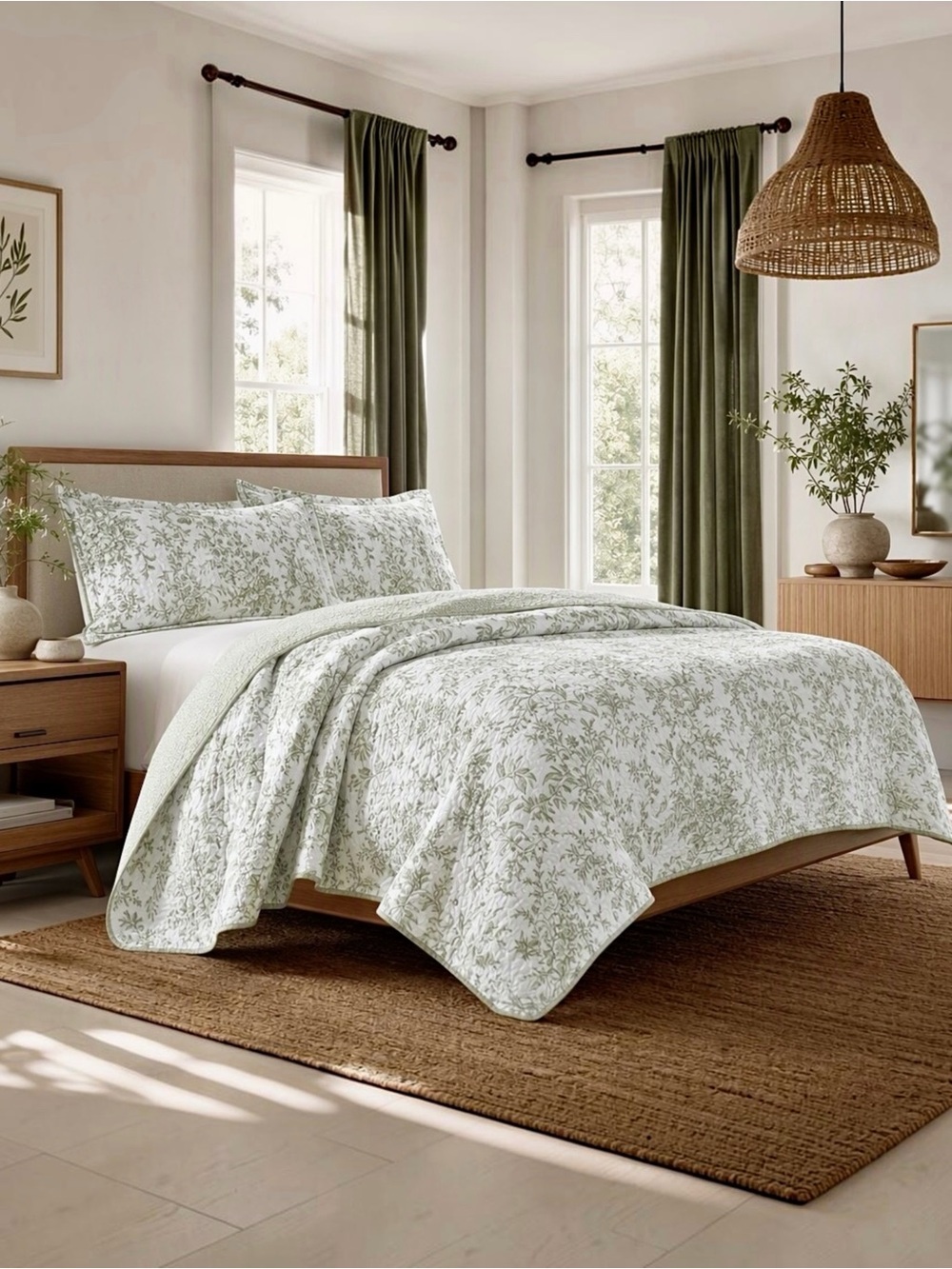 NEW West Elm Green White Floral Vintage Cotton Queen King Bedding Quilt Sham Set